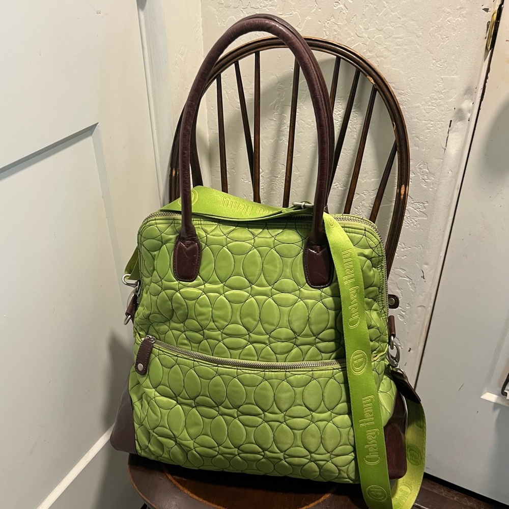Chelsey Henry Extra Large tote Kiwi Green Quilted With Brown Leather Trim
